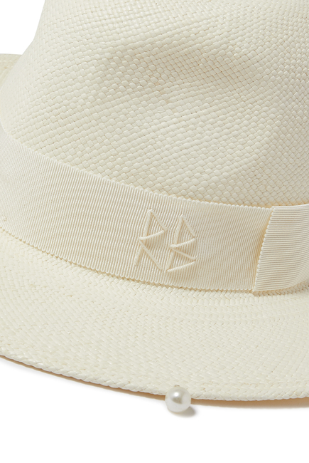 Pearl-Embellished Straw Fedora Hat